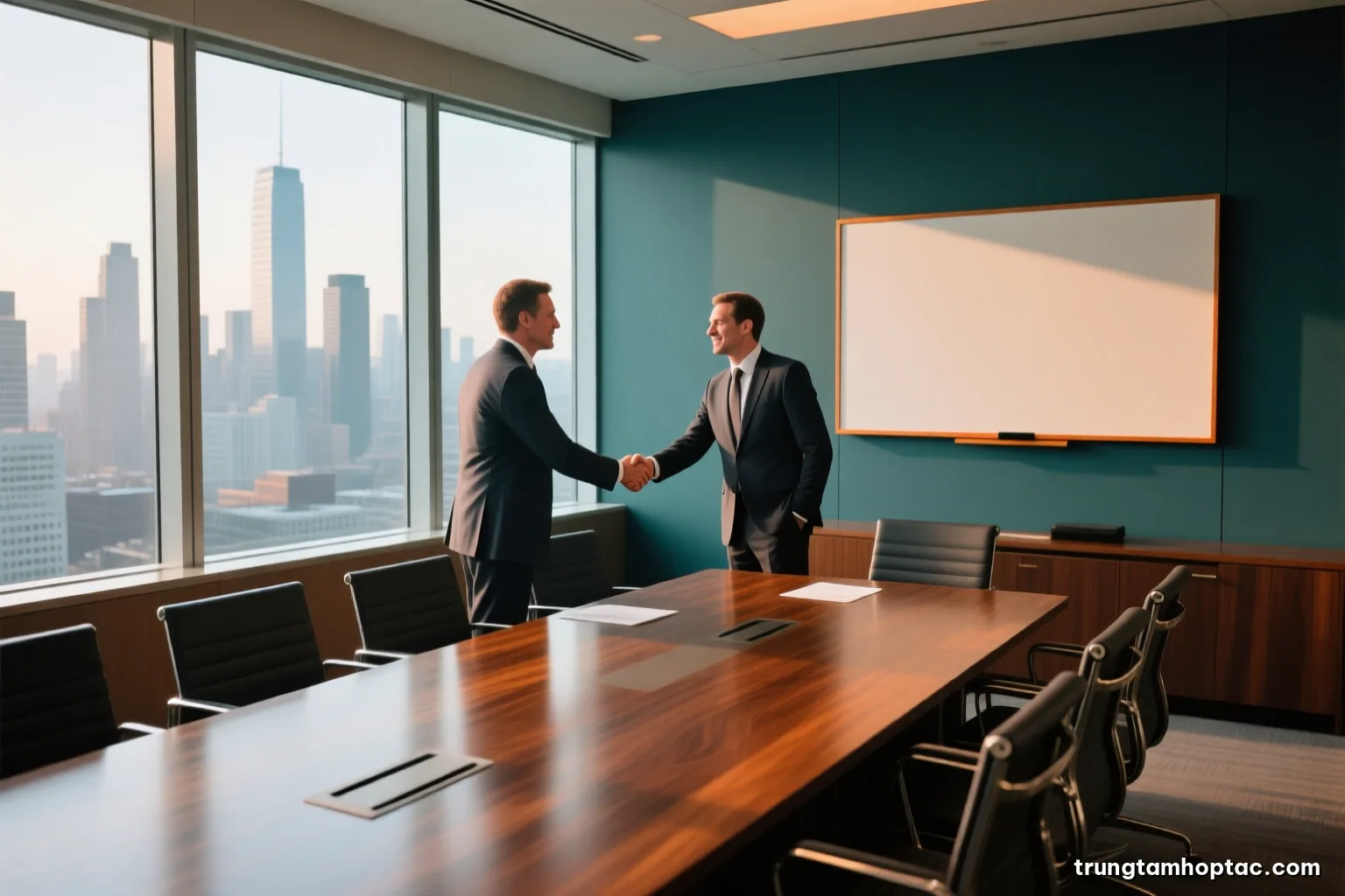Two executives shaking hands across a long walnut boardroom table, shot from a high corner angle, city skyline through floor-to-ceiling windows, cool morning light, slate and bronze palette