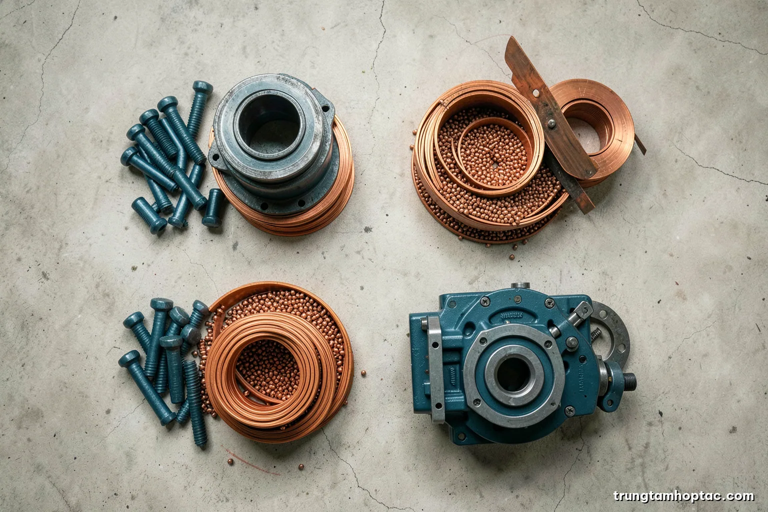 Top-down view of four neat groups of industrial parts on a pale concrete floor: bolts, copper coils, plastic pellets and a precision gearbox, even overhead light, muted earth tones