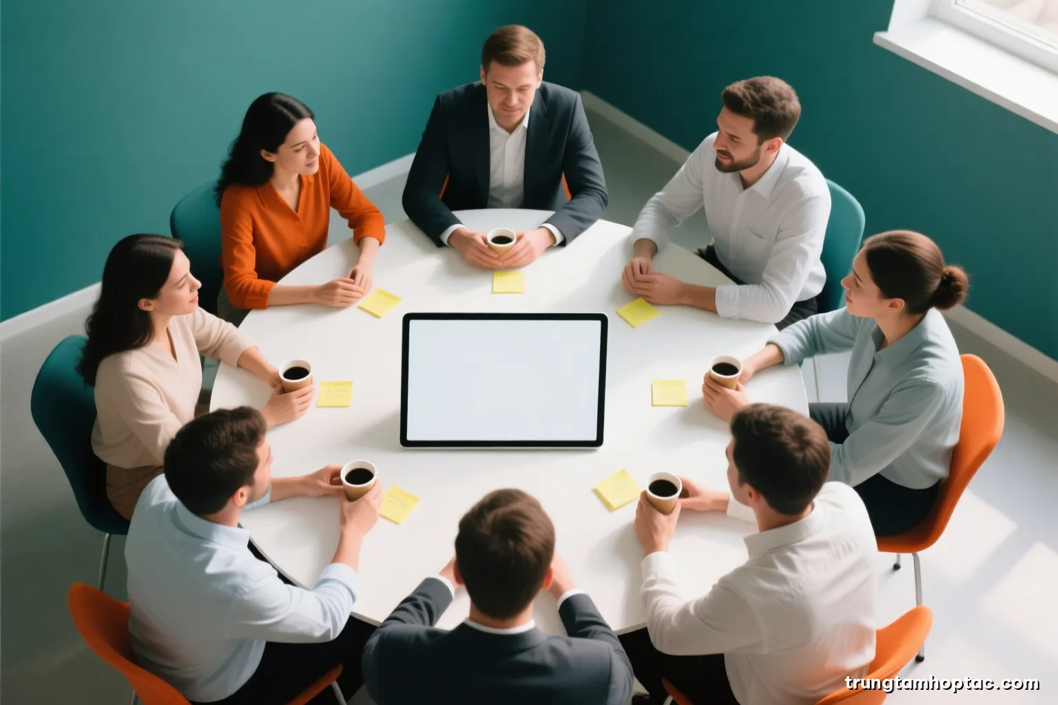 Overhead shot of a diverse team of six around a round white table with blank sticky notes and coffee cups, faces out of frame, bright soft daylight, pastel palette
