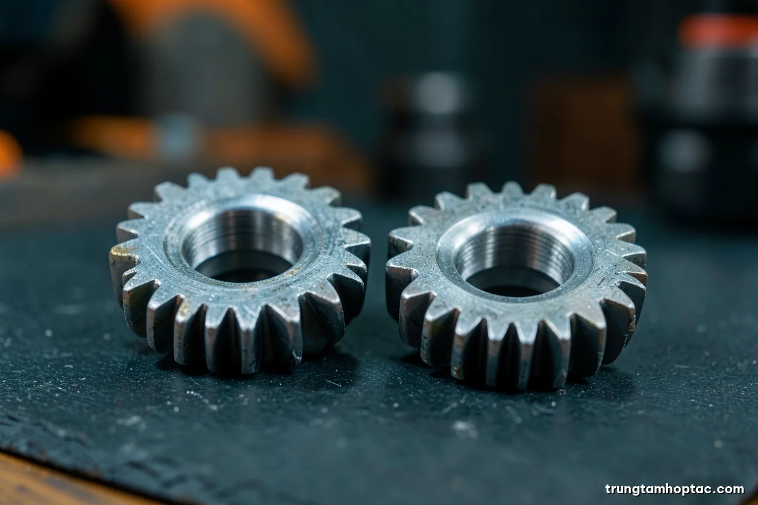 Macro view of two nearly identical machined aluminium gears placed side by side on a dark slate surface in a quality lab, crisp directional light, cool silver and black palette
