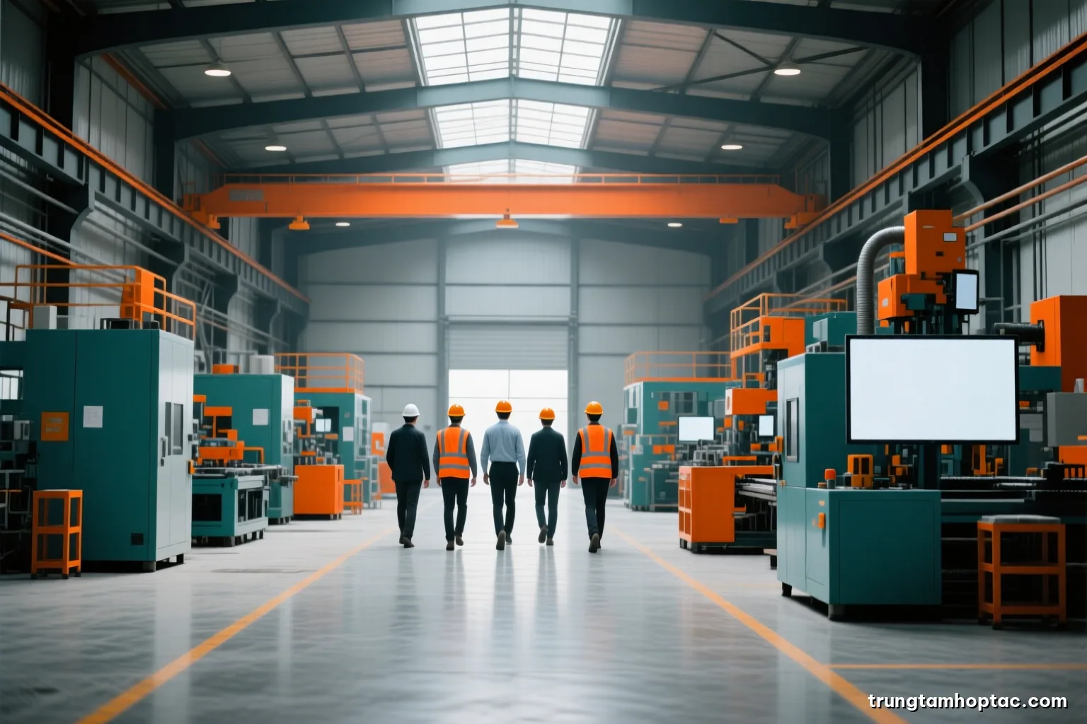 Wide shot of an empty modern factory floor with idle machinery under skylights, a small group of people in hard hats walking away from camera, cool daylight, steel grey and safety orange palette