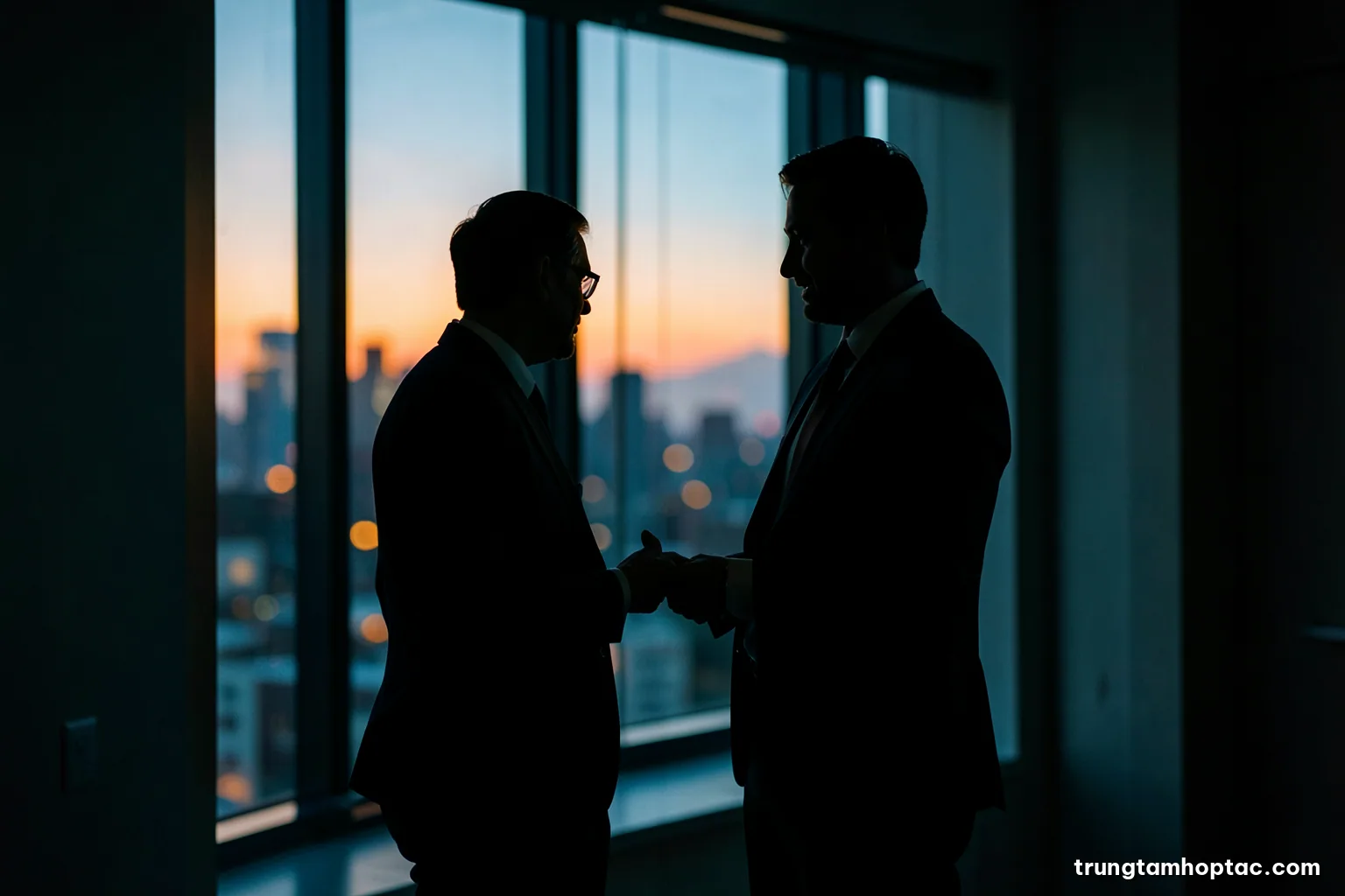 Silhouette of two businesspeople standing by a tall window at dusk in a quiet office corridor, one gesturing gently, city lights blurred outside, warm orange and deep blue palette