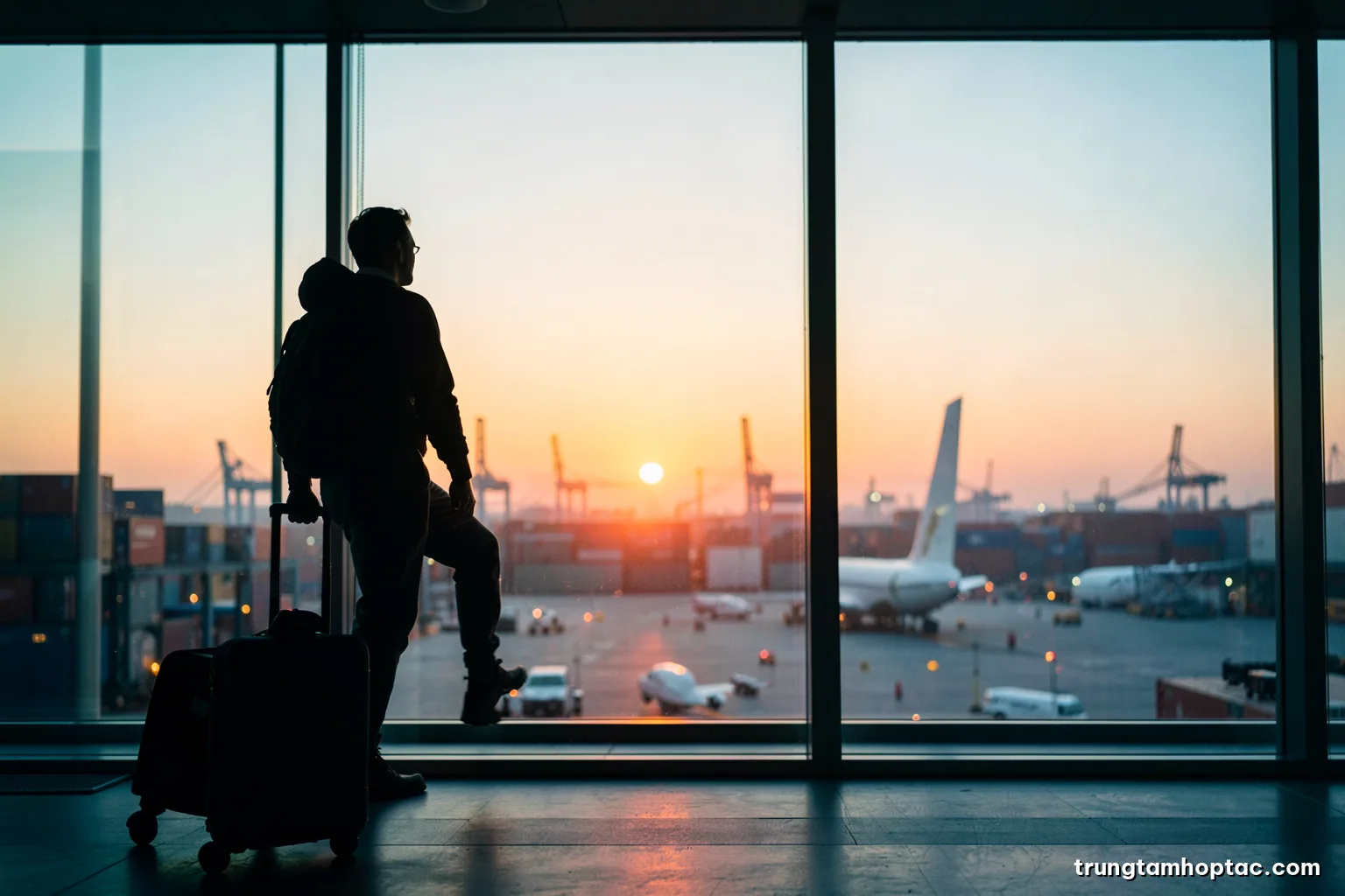 Silhouette of a traveler with a carry-on case looking out at a container port through a large airport window at sunrise, soft haze, warm orange and steel blue palette