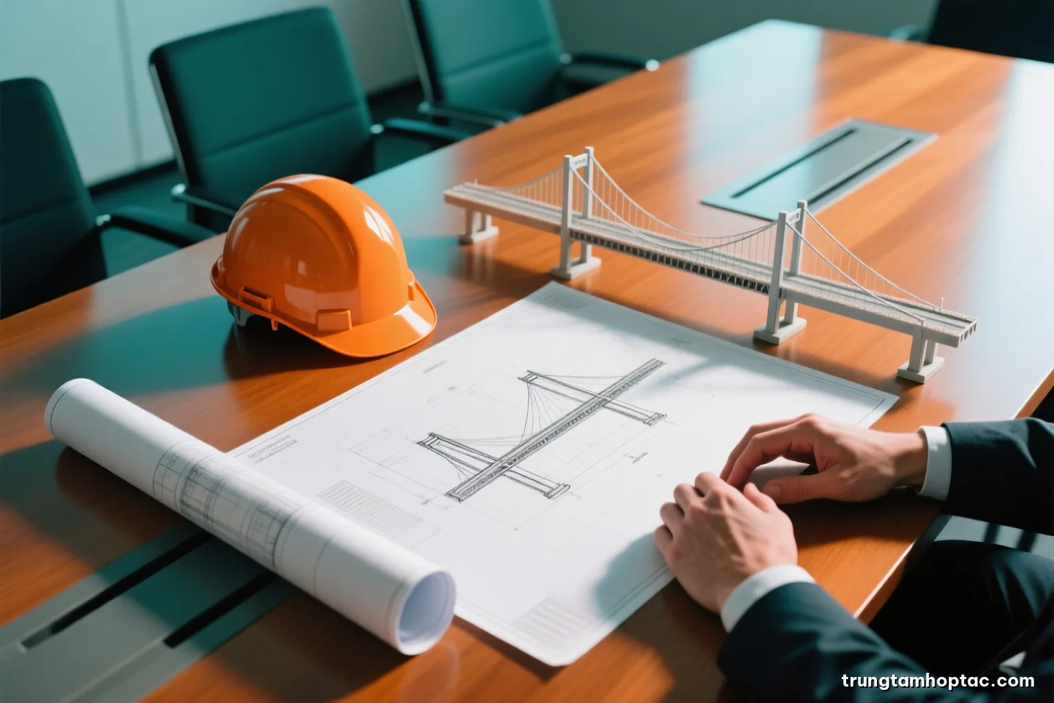 Top-down view of a conference table with blank rolled engineering drawings, a hard hat, scale model of a toll bridge and two pairs of hands, cool daylight