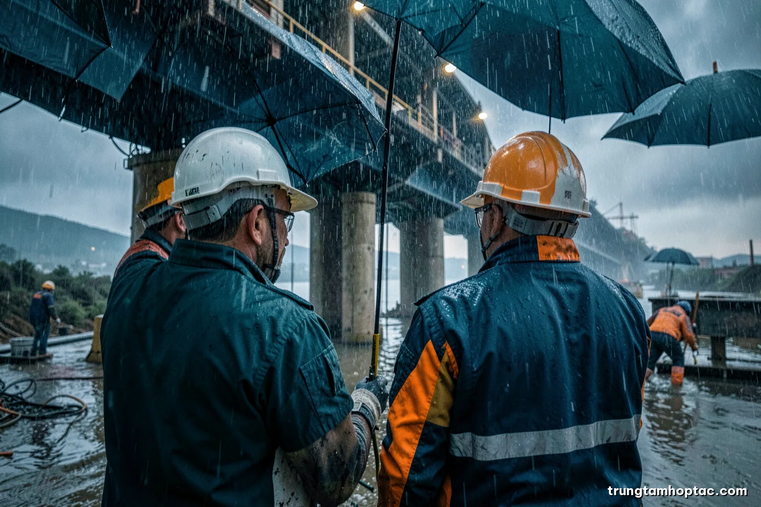 Over-the-shoulder view of engineers in hard hats inspecting a large bridge pier under construction during monsoon rain, umbrellas, dramatic grey light, steel blue palette