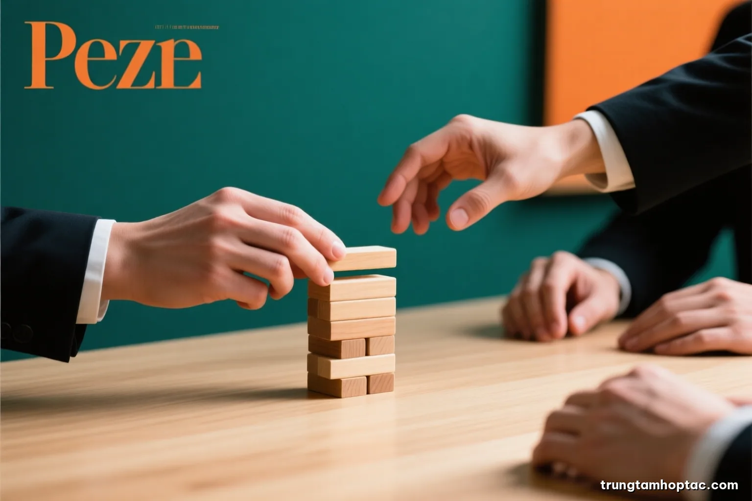 Close-up of two hands sliding a stack of plain wooden blocks across a pale oak table toward another pair of hands, shallow depth of field, soft diffused light, sage green palette
