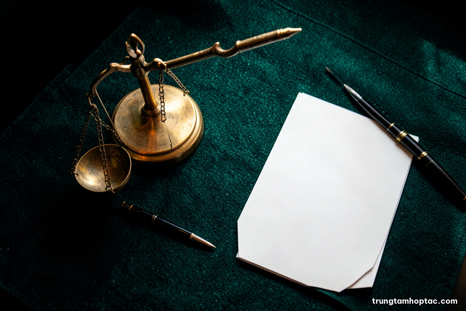 Top-down view of an old brass balance scale on a dark green felt desk beside a closed fountain pen and a blank notepad, dramatic overhead light, emerald and gold palette