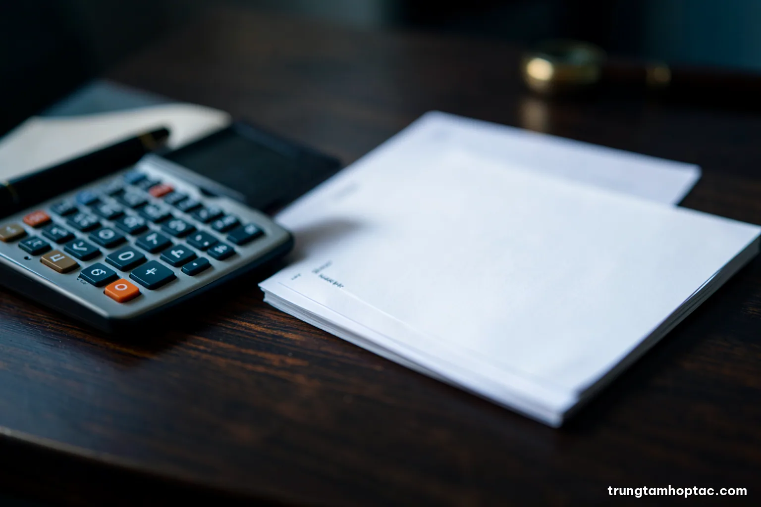 Macro shot of a calculator, a fountain pen and a stack of blank invoices on a dark walnut desk, shallow depth of field, cool morning side light, navy and brass tones