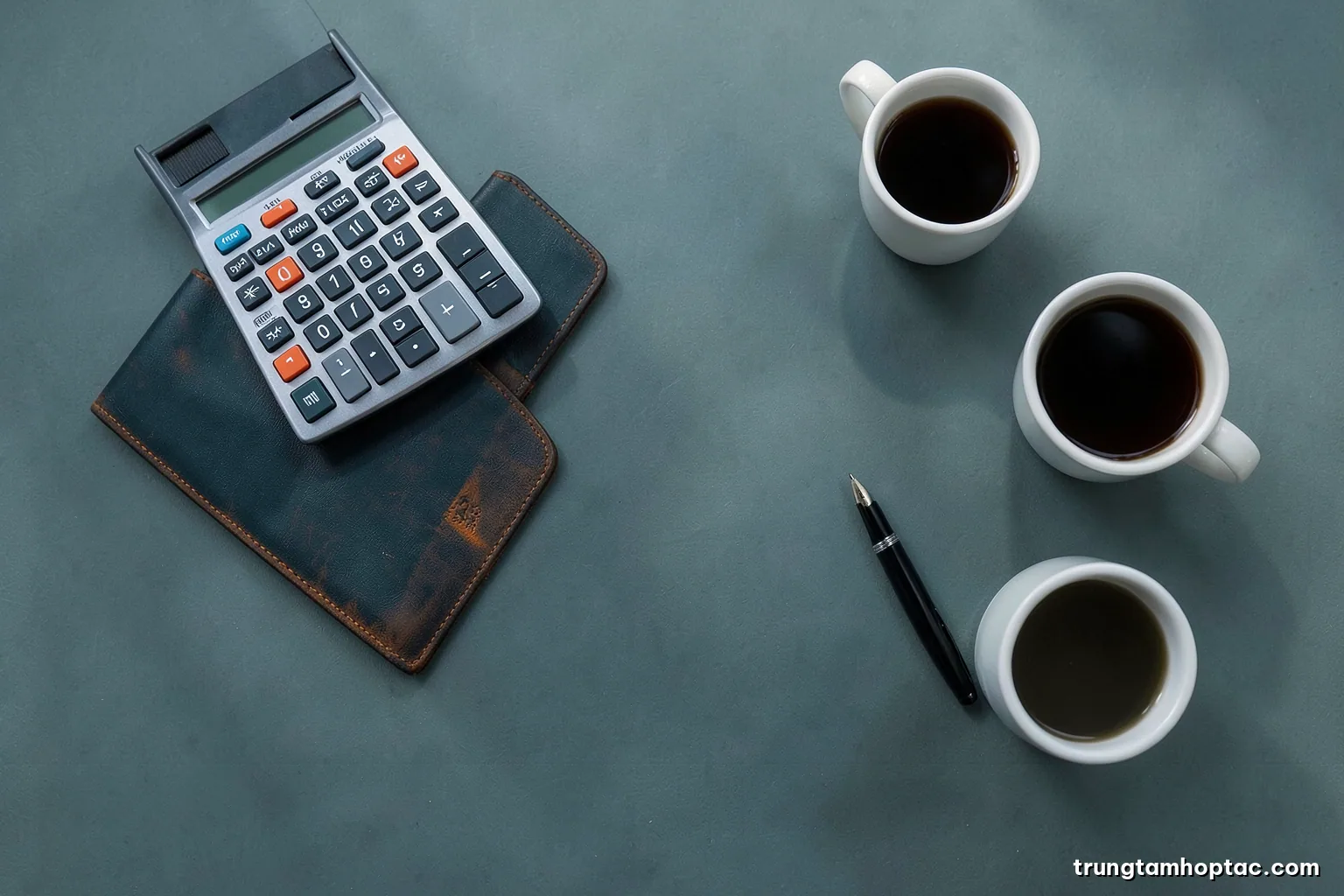 Top-down view of a minimalist desk with a calculator, a closed leather folder, a fountain pen and two coffee cups, cool morning light, slate grey and sage palette