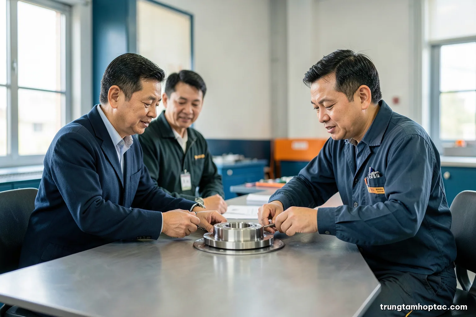 Wide shot of a bright factory meeting room with two Vietnamese managers and a supplier engineer examining a machined metal part on a long table, soft window light, steel blue palette
