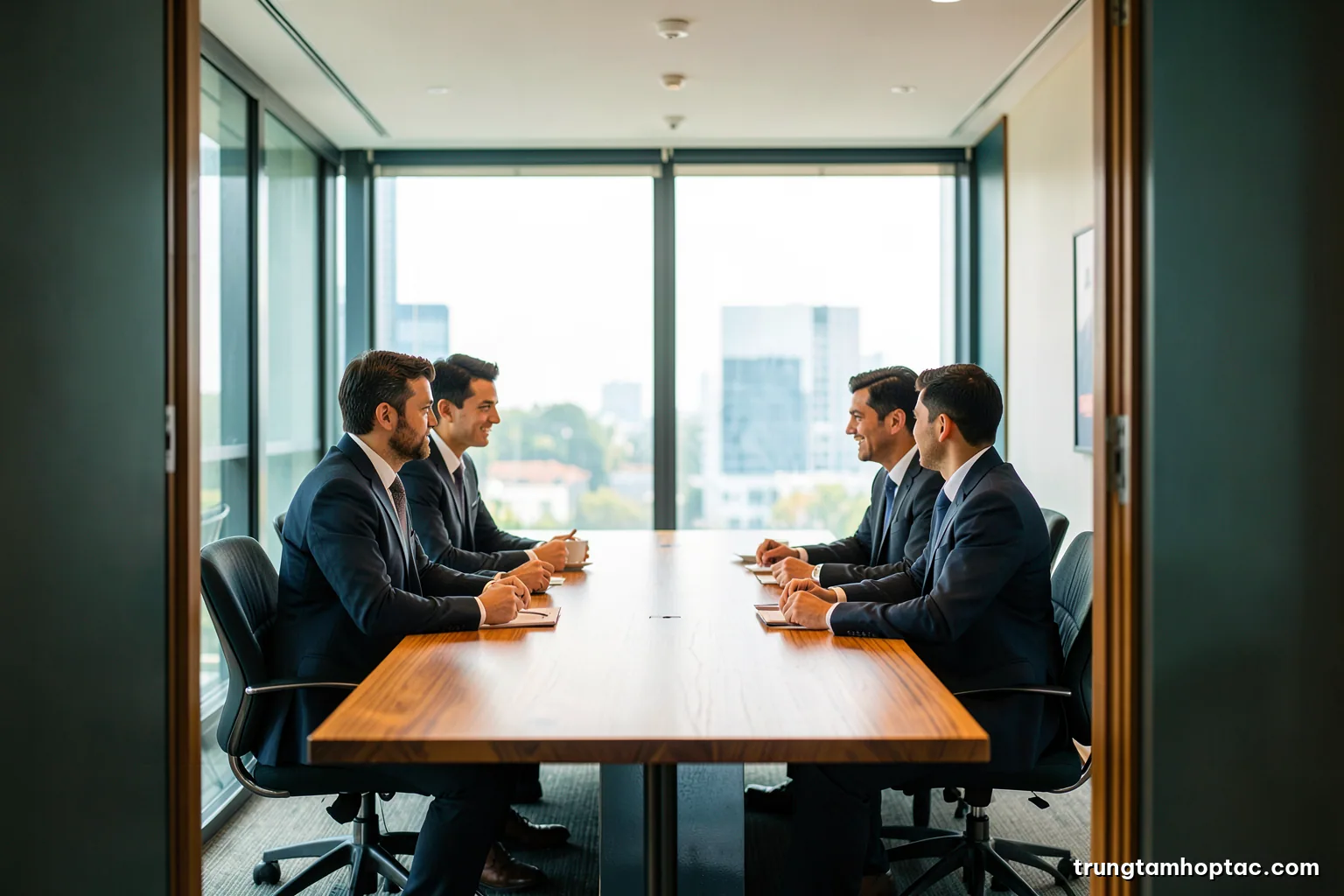 Two Vietnamese business teams seated across a long oak table in a bright glass meeting room, wide shot from the doorway, soft morning light, teal and warm wood tones