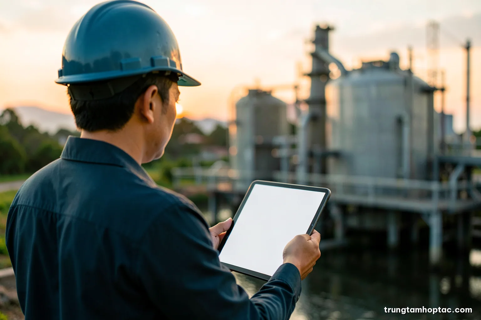 Over-the-shoulder view of a Vietnamese project manager in a hard hat holding a blank tablet beside a water treatment plant at sunrise, soft green and silver tones
