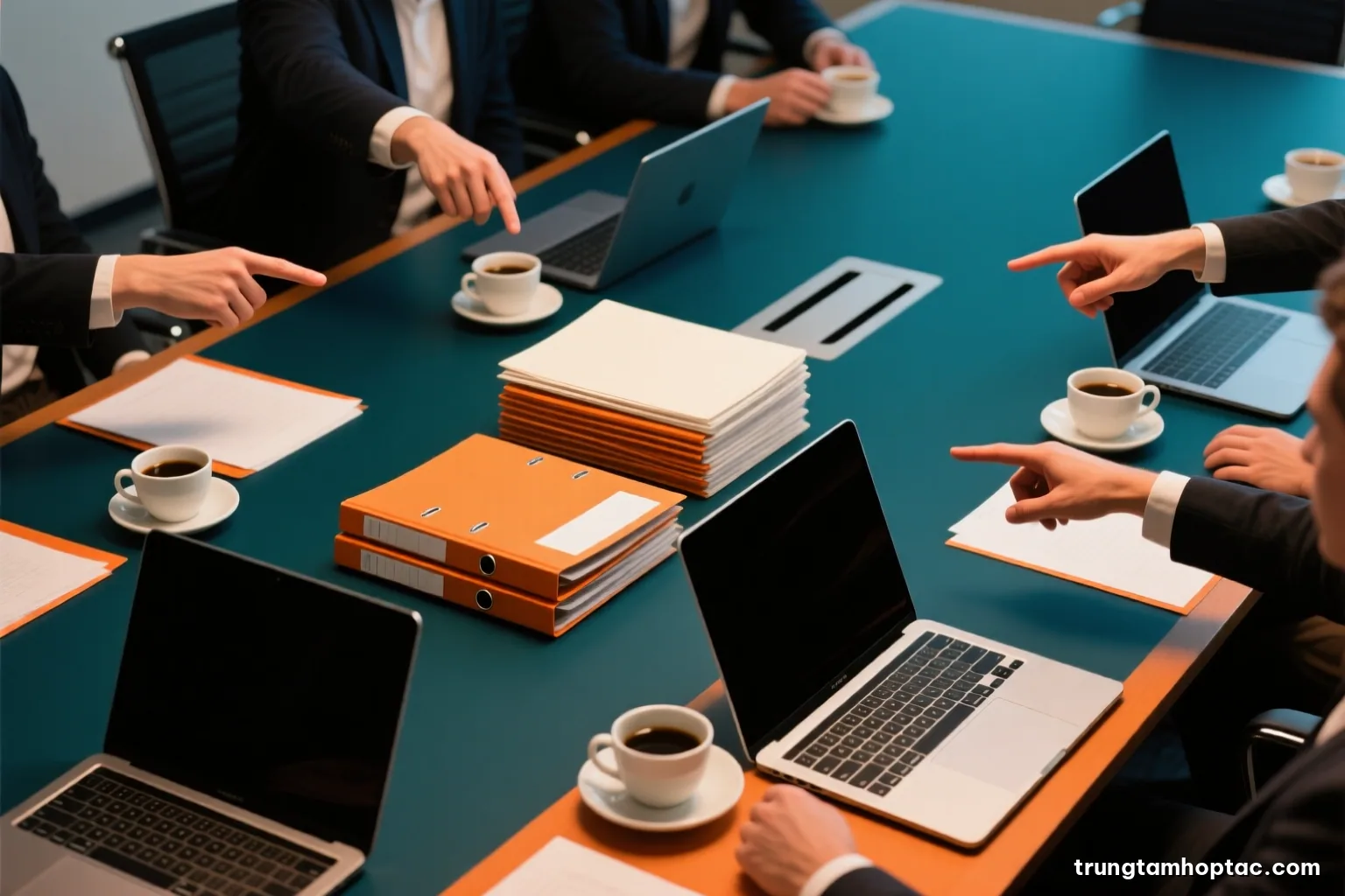Overhead view of a conference table with neatly stacked blank folders, coffee cups and laptops with dark screens, hands of several people pointing, warm tungsten light, navy and cream tones