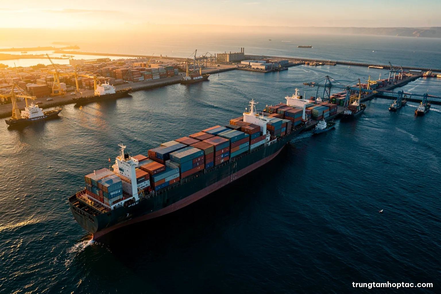 Aerial view of a busy container port at golden hour, one massive cargo ship beside several small tugboats, long shadows across the water, deep blue and amber palette