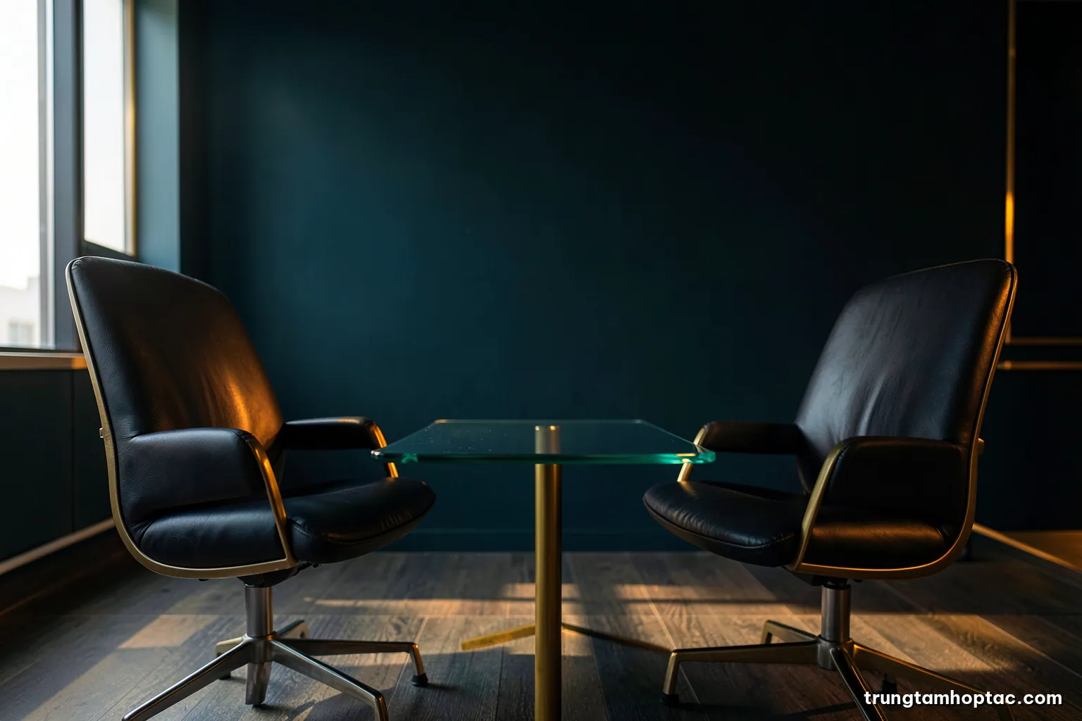 Low angle view of two empty leather chairs facing each other across a narrow glass table in a minimalist boardroom, dramatic side light, deep navy and brass tones