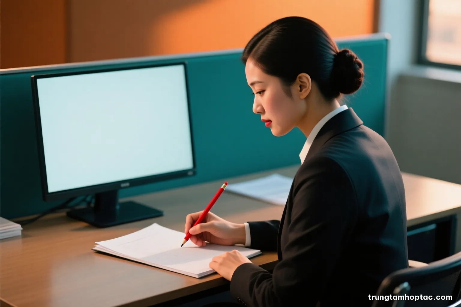 Over-the-shoulder shot of a Vietnamese woman lawyer annotating blank pages with a red pencil at a quiet office desk, late afternoon side light, face turned away, teal and amber tones