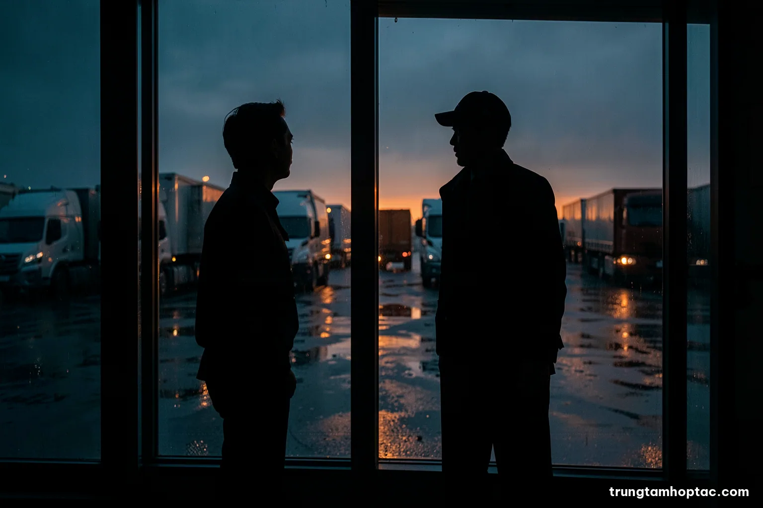 Silhouette of a lone Vietnamese logistics manager standing at a large window overlooking an empty rain-soaked truck yard at dusk, moody backlight, indigo and amber palette