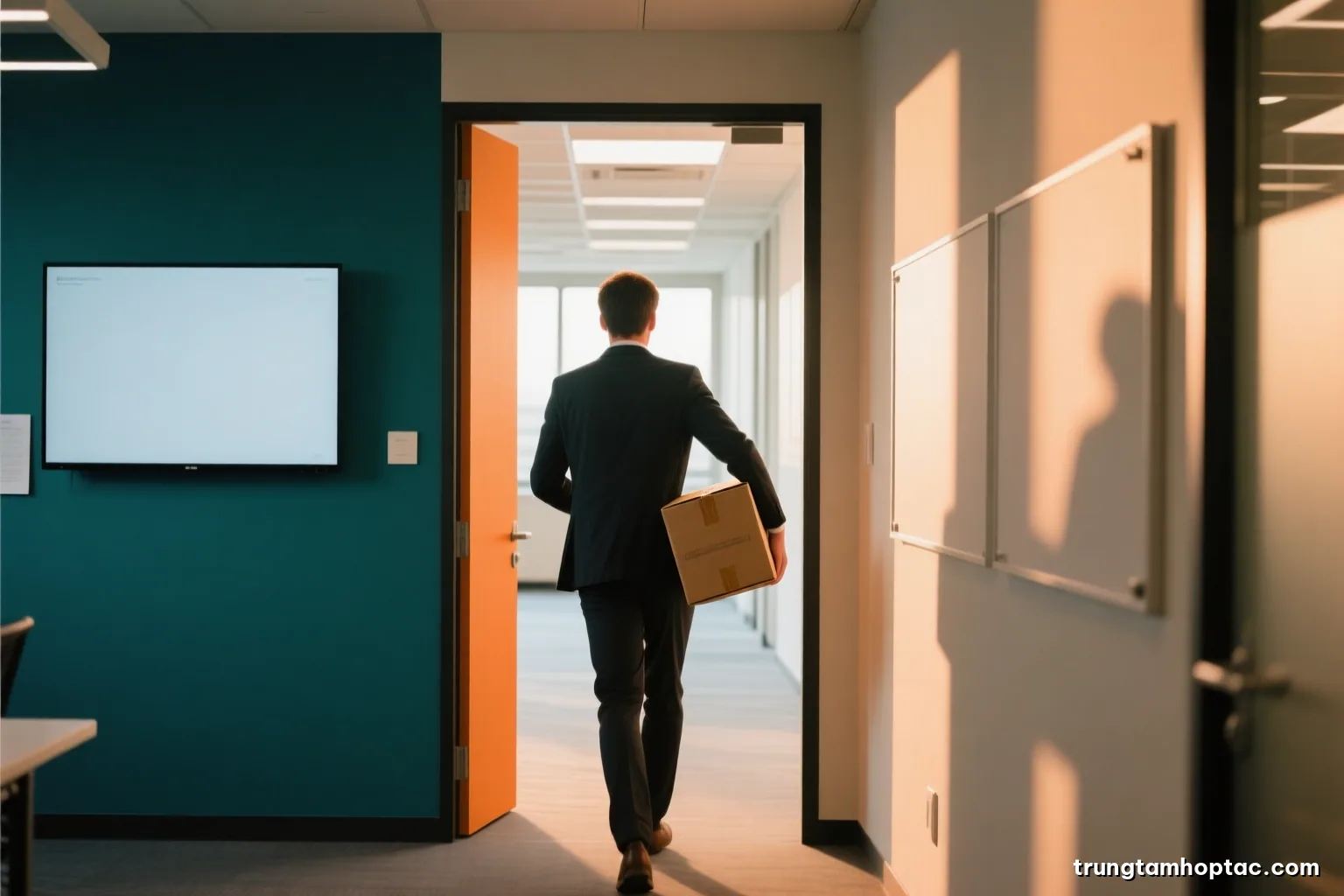 Over-the-shoulder view of a person carrying a cardboard box out of a bright empty office along a corridor, face not visible, late afternoon light, warm neutral palette