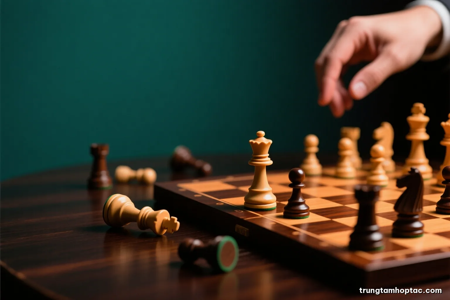 Macro shot of a chess board mid-game on a dark wooden table, one fallen king beside scattered pieces, a hand hovering above in soft focus, moody side lighting, deep green and brown palette