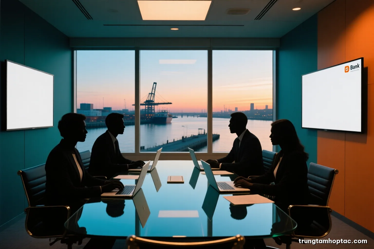 Wide shot of a modern bank meeting room overlooking a river port at dusk, silhouettes of four people around a glass table with blank laptops, cool blue and brass tones