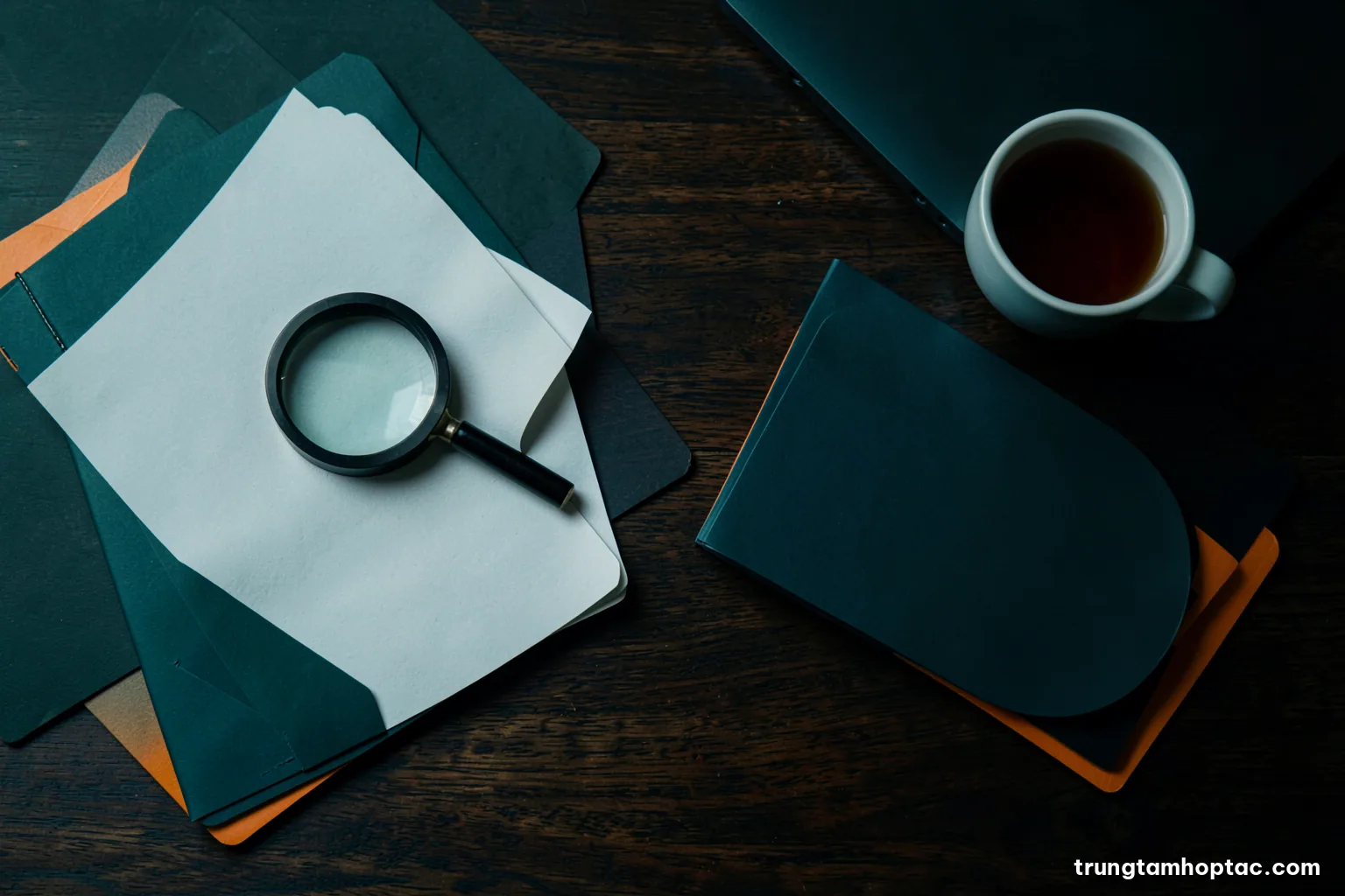 Top-down view of a researcher desk with a magnifying loupe, blank folders, a closed laptop and a cup of tea on dark walnut wood, cool side light, deep green palette