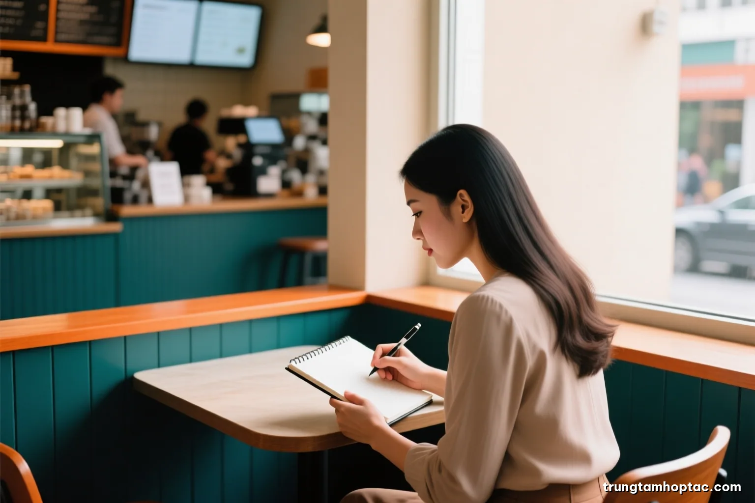 Over-the-shoulder view of a Vietnamese woman taking notes in a blank notebook while observing a busy cafe counter from a corner table, natural window light, soft beige tones