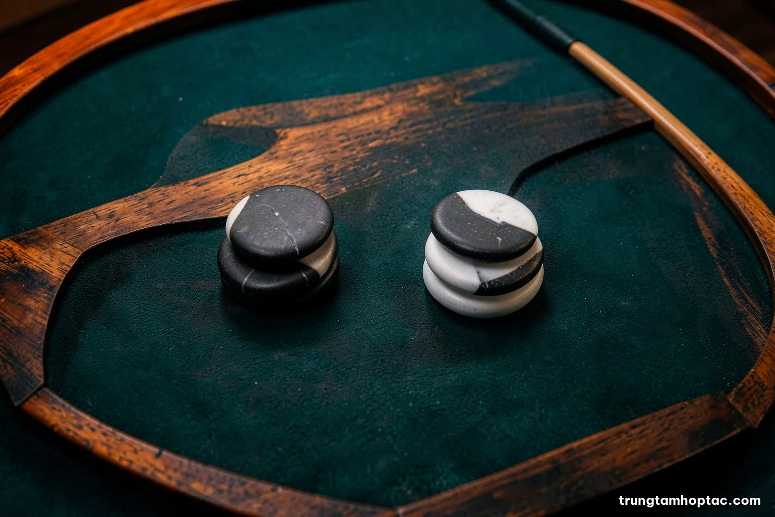 Overhead view of a polished wooden board game table with two neat stacks of black and white stones facing each other, soft side light, deep green felt and walnut tones