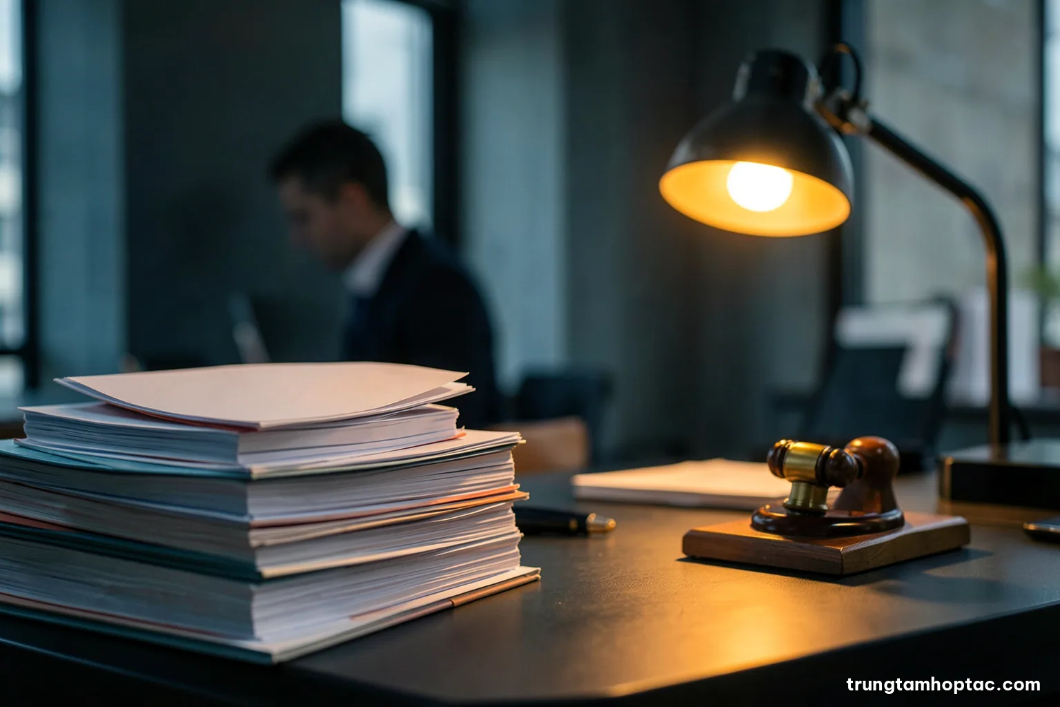 Low angle shot of a quiet bank trade finance office, a clerk unseen behind stacks of blank folders and a stamp pad, warm desk lamp, amber and charcoal tones