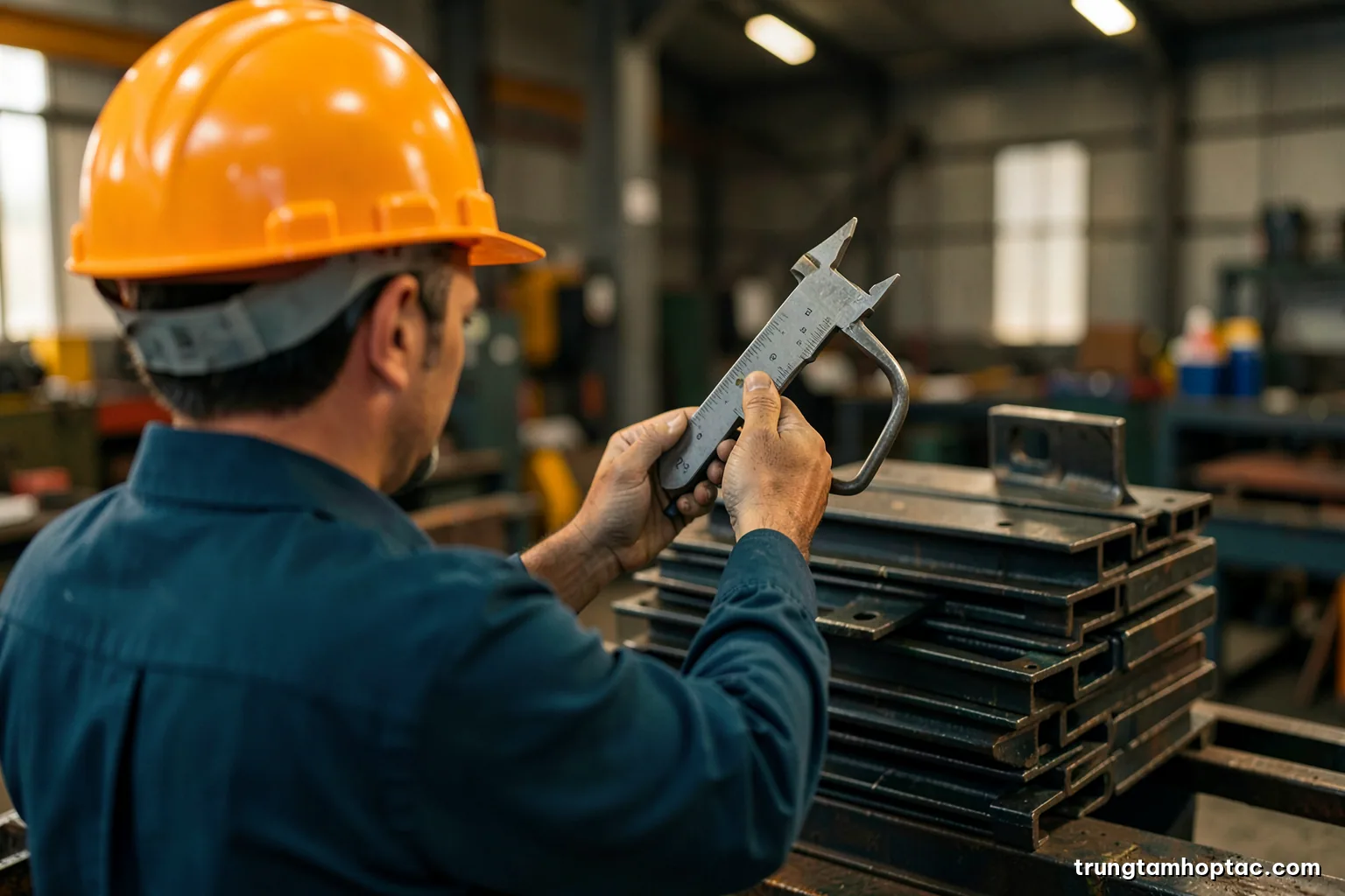 Over-the-shoulder view of a Vietnamese quality inspector in a hard hat holding a caliper over a stack of steel brackets in a supplier workshop, warm industrial light, amber and grey tones