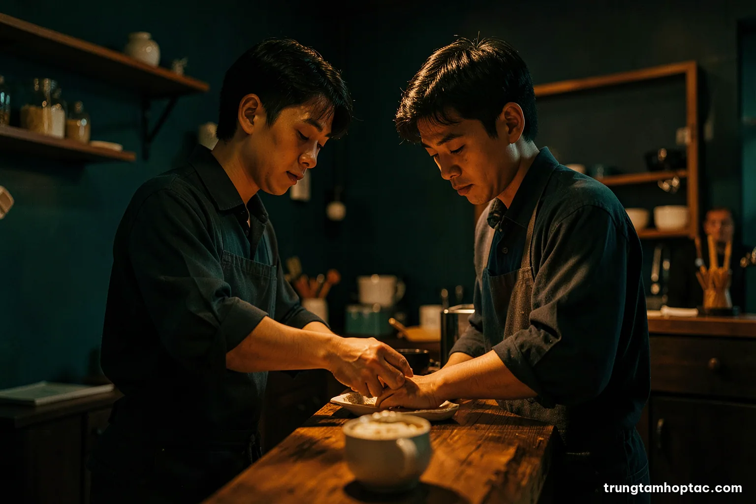 Low angle view of a young Vietnamese shop owner counting the day takings behind a quiet tea shop counter at closing time, warm tungsten light, deep green shadows