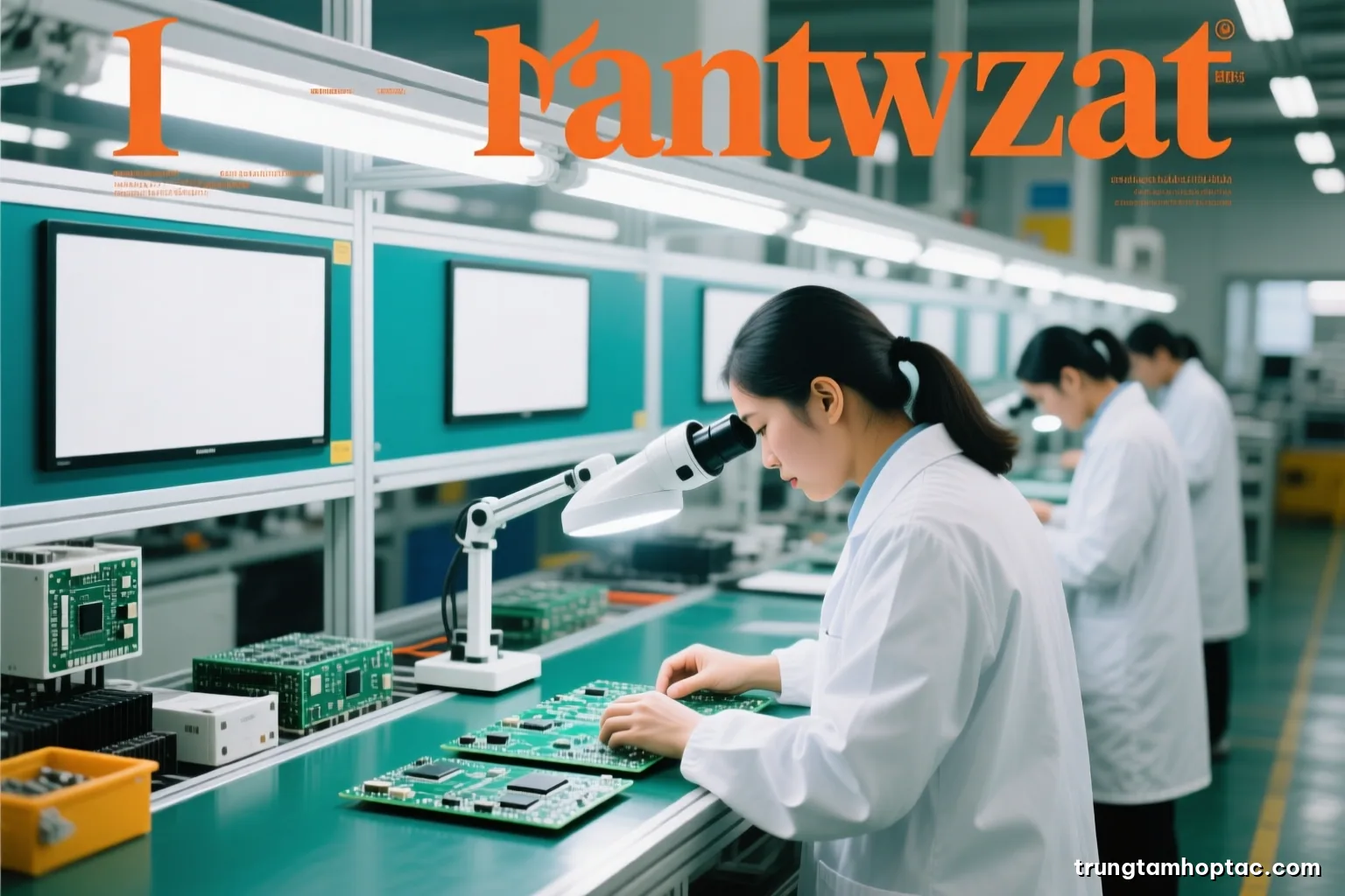 Wide shot of a clean electronics assembly line with Vietnamese technicians in white smocks inspecting circuit boards under bright magnifier lamps, faces turned away, crisp white and teal palette