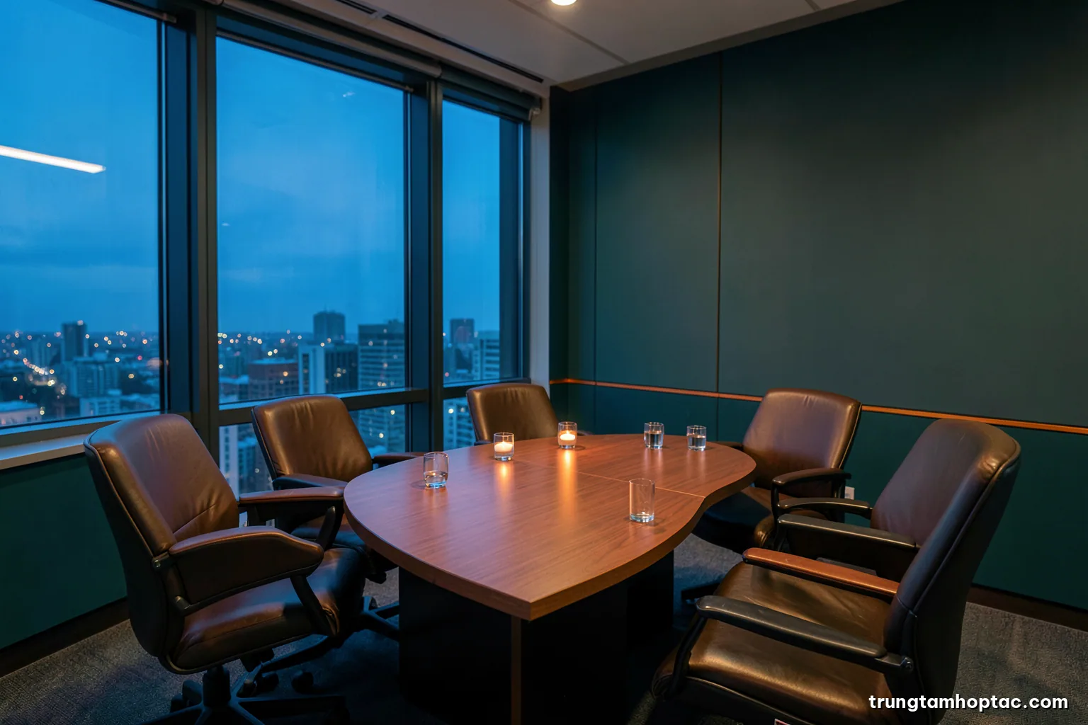 Wide shot of an empty modern hearing room with a long curved table, leather chairs and water glasses, tall windows over a city skyline, cool blue dusk light