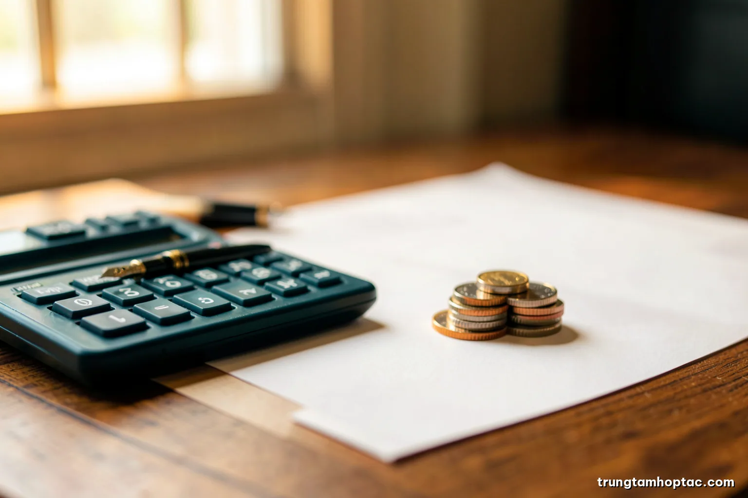 Macro close-up of a calculator, fountain pen and two stacks of coins balanced on a wooden desk beside blank paper, warm window light, cream and walnut tones