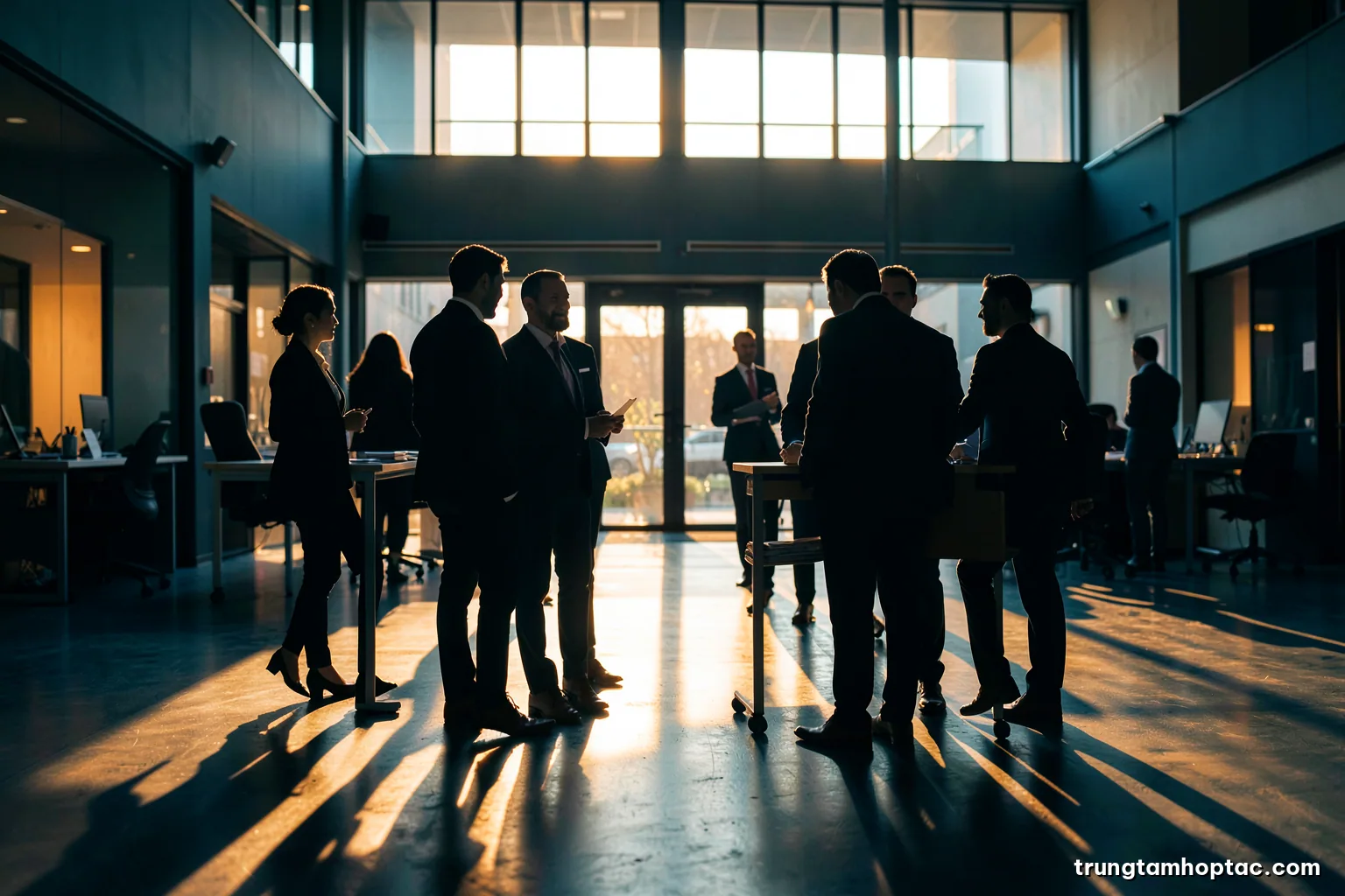 Silhouettes of two groups of office workers facing each other in a sunlit atrium, long shadows on a polished concrete floor, shot from behind at eye level, warm amber and deep blue contrast