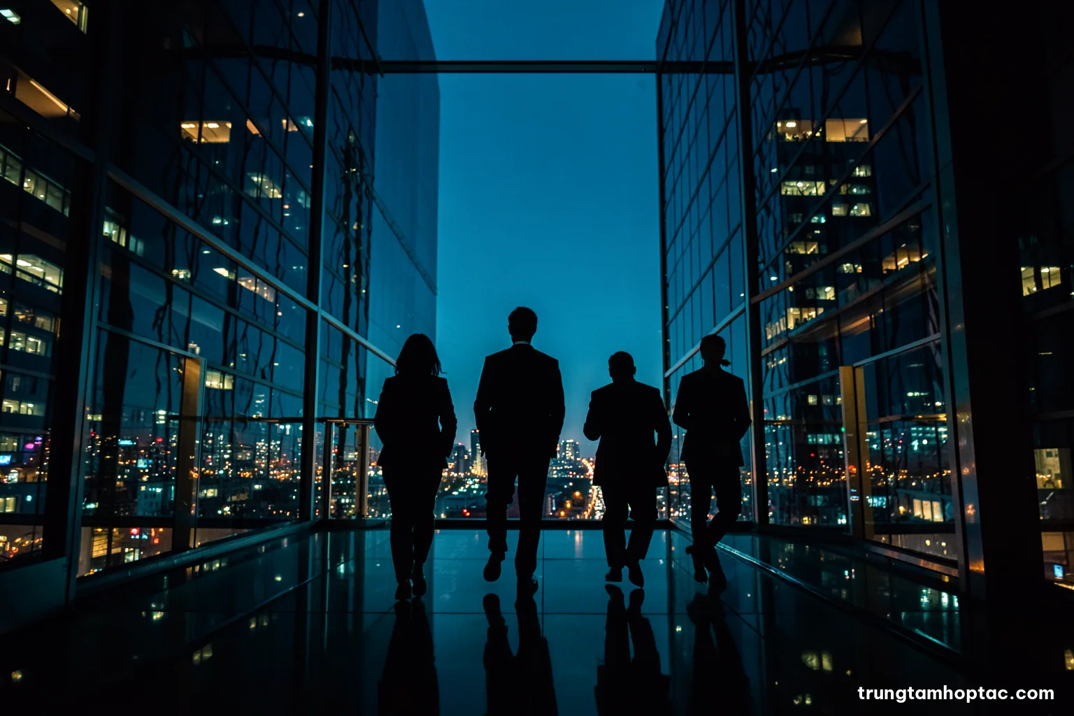 Silhouette of a small team walking briskly through a glass skybridge between office towers at night, city lights below, deep indigo and neon cyan reflections