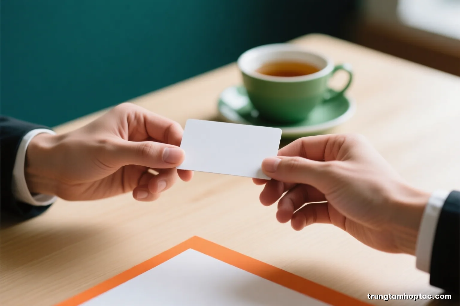 Macro shot of two hands exchanging a blank business card over a pale wooden table, green tea cup softly blurred behind, diffused daylight, muted beige and moss green