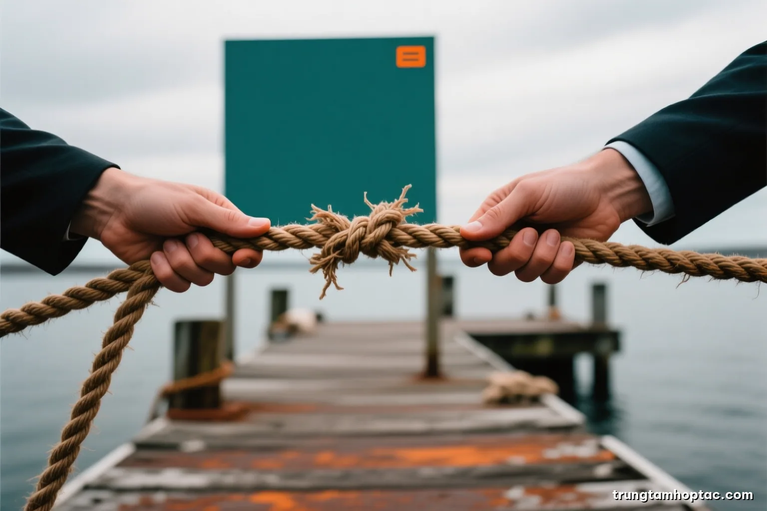 Close-up of two hands pulling apart a frayed hemp rope over a weathered wooden dock, overcast sky, shallow depth of field, cold grey and rust palette