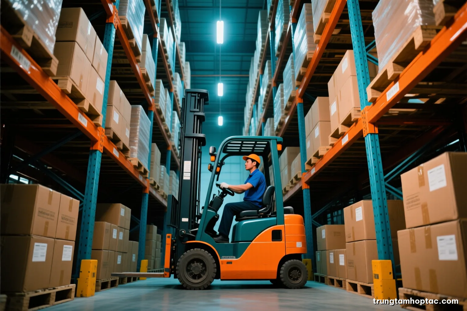 Low angle view inside a tall distribution warehouse with a Vietnamese worker on a reach truck between high pallet racks of plain brown cartons, cool LED light, blue and ochre palette