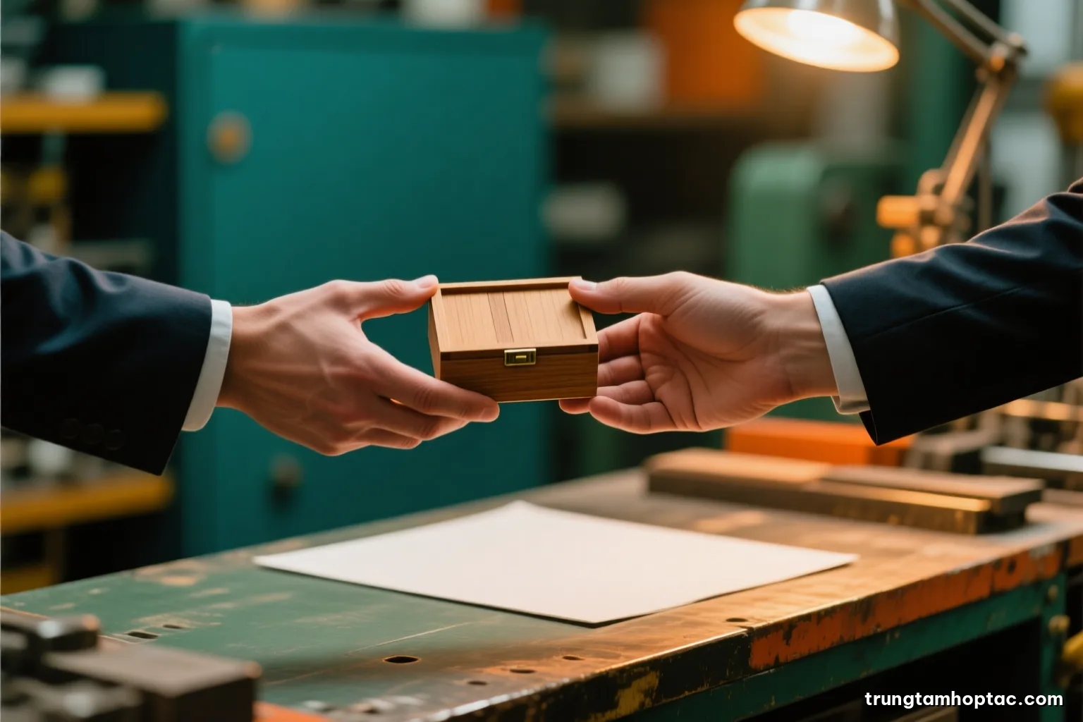 Close-up of two hands exchanging a small wooden sample box over a factory workbench, shallow depth of field, warm tungsten light, muted green and brass palette