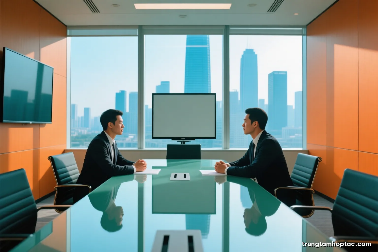 Wide shot of two Vietnamese business teams seated across a long glass table in a bright high-rise meeting room, city skyline behind, cool blue morning light, faces turned away